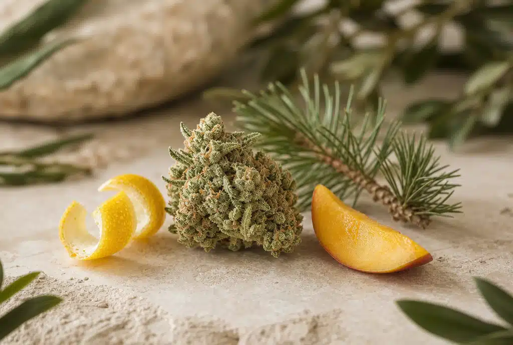 Illustration d’une fleur de chanvre avec citron, pin et mangue évoquant ses arômes