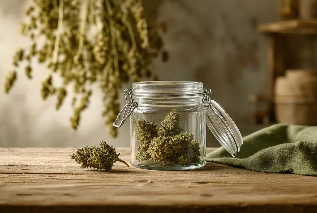 Illustration de fleurs séchées et d’un bocal d’affinage dans un atelier