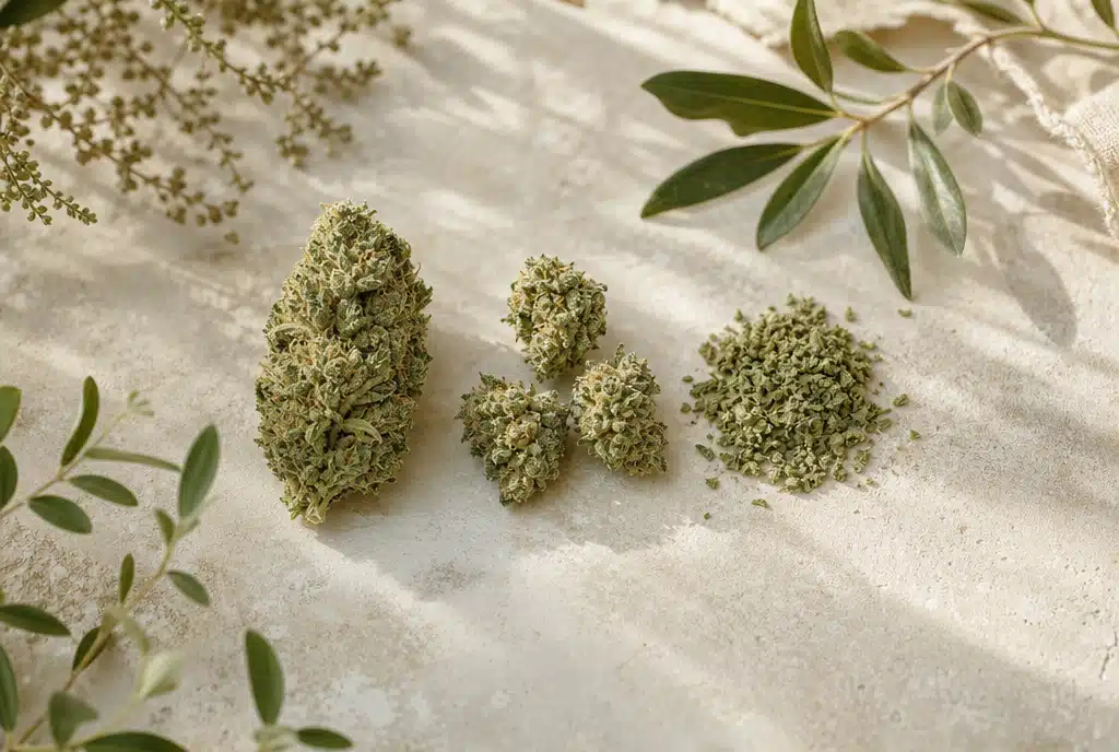 Illustration comparant une grosse tête de chanvre, des small buds et du trim